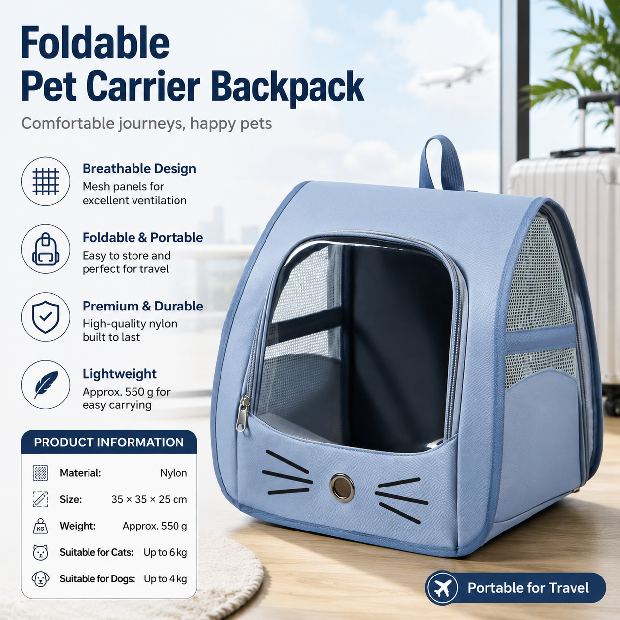 Blue Breathable Pet Carrier Backpack - Nylon Cat Travel Bag with Large Clear Window, 3-in-1 Carry Design for Cats Under 6kg and Small Dogs