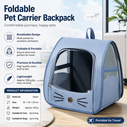 Blue Breathable Pet Carrier Backpack - Nylon Cat Travel Bag with Large Clear Window, 3-in-1 Carry Design for Cats Under 6kg and Small Dogs