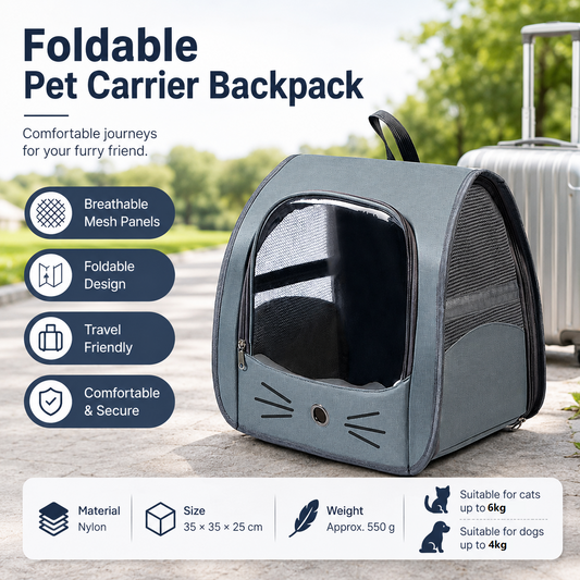 Grey Breathable Pet Carrier Backpack - Nylon Cat Travel Bag with Large Clear Window, 3-in-1 Carry Design for Cats Under 6kg and Small Dogs