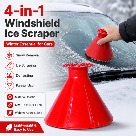 Red Multi-Function Car Windshield Ice Scraper - 4-in-1 Plastic Snow Removal Tool with Funnel Design, Lightweight Portable De-Icer for Winter Driving Safety