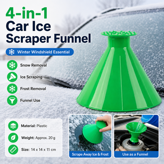 Green Multi-Function Car Windshield Ice Scraper - 4-in-1 Plastic Snow Removal Tool with Funnel Design, Lightweight Portable De-Icer for Winter Driving Safety