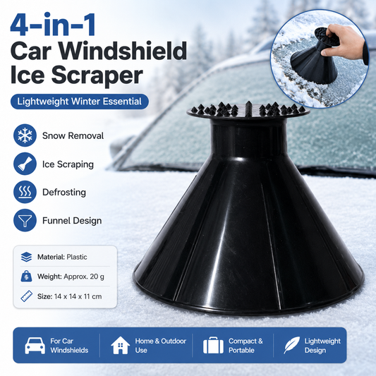 Black Multi-Function Car Windshield Ice Scraper - 4-in-1 Plastic Snow Removal Tool with Funnel Design, Lightweight Portable De-Icer for Winter Driving Safety