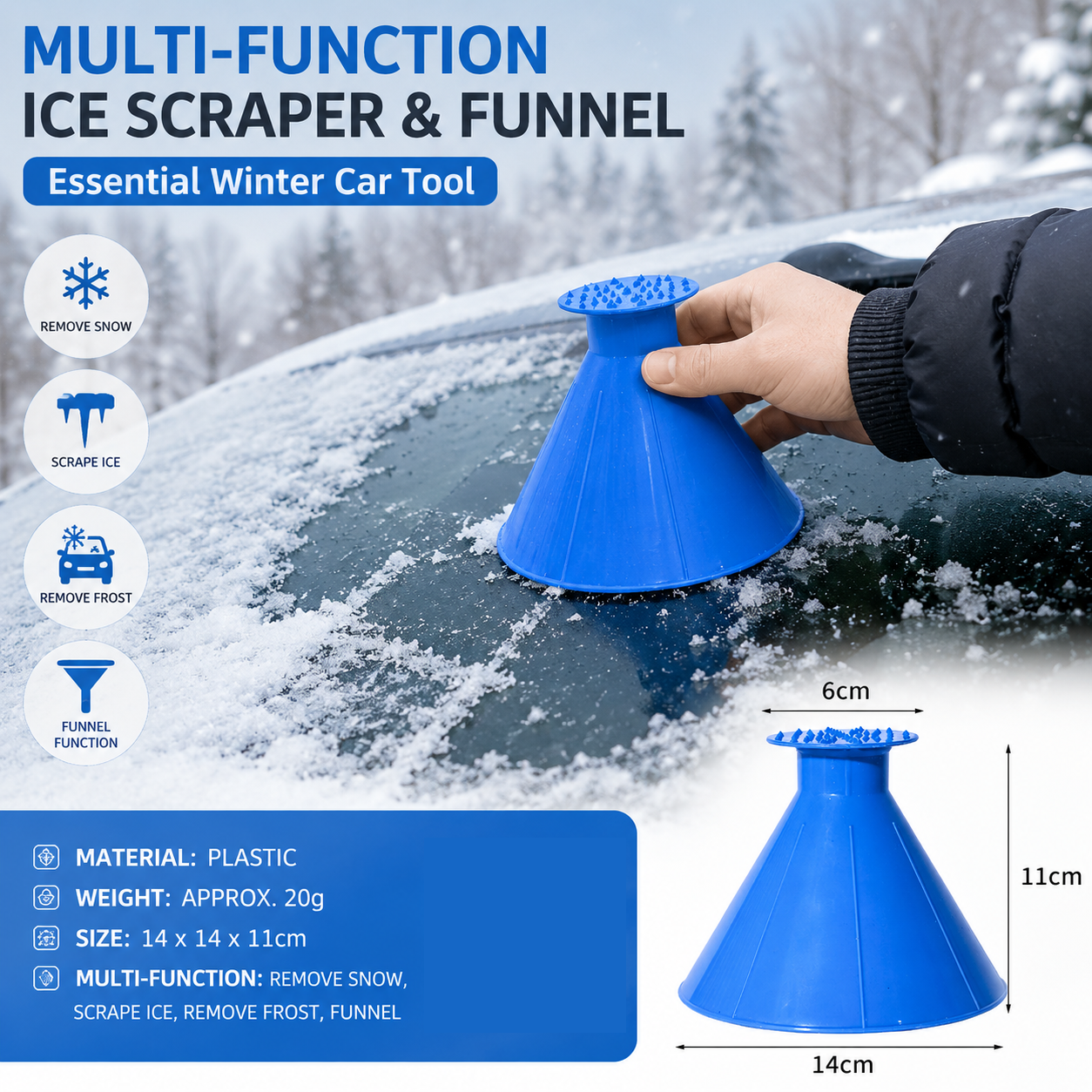 Blue Multi-Function Car Windshield Ice Scraper - 4-in-1 Plastic Snow Removal Tool with Funnel Design, Lightweight Portable De-Icer for Winter Driving Safety
