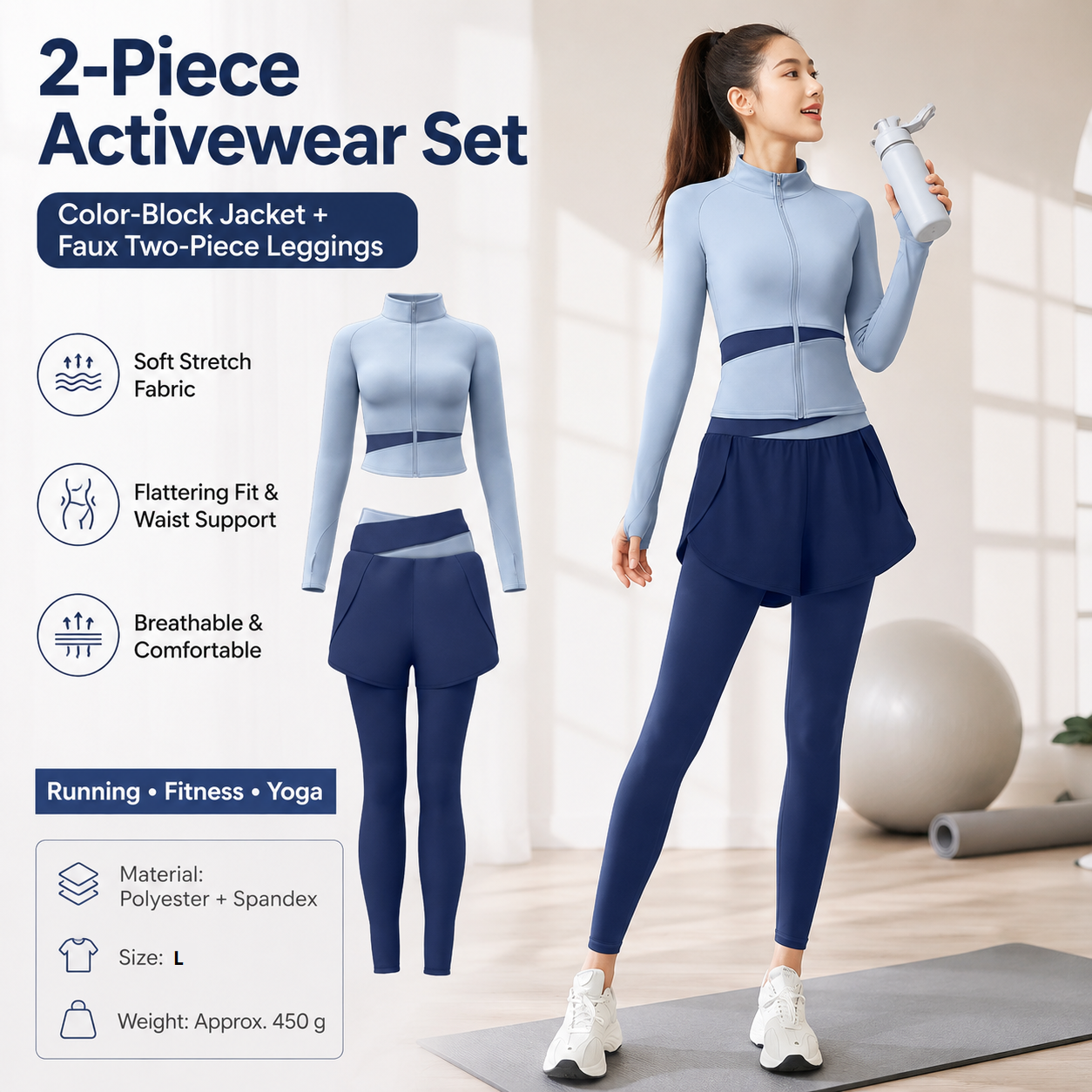 L size Women's 2-Piece Running Yoga Set - Blue Colorblock Zip Jacket and Blue Faux Two-Layer Leggings, Slim Fit High Stretch Gym Activewear for Fitness and Training