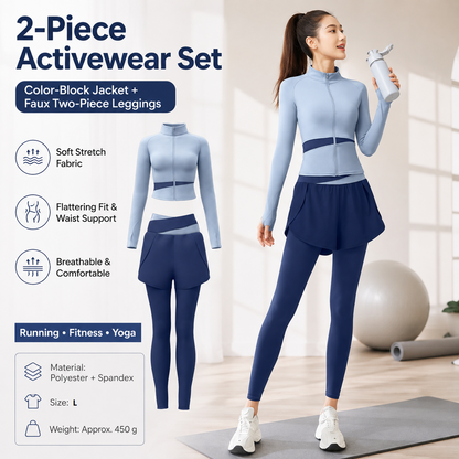 L size Women's 2-Piece Running Yoga Set - Blue Colorblock Zip Jacket and Blue Faux Two-Layer Leggings, Slim Fit High Stretch Gym Activewear for Fitness and Training