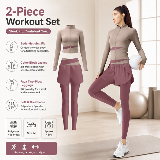 M size Women's 2-Piece Running Yoga Set - Purple Colorblock Zip Jacket and Purple Faux Two-Layer Leggings, Slim Fit High Stretch Gym Activewear for Fitness and Training