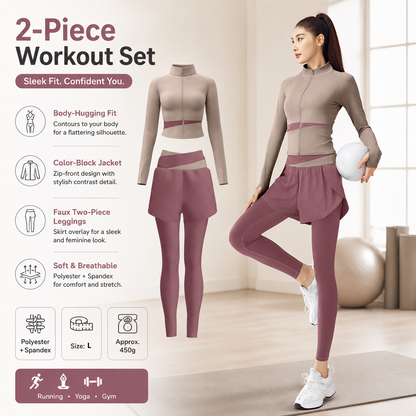L size Women's 2-Piece Running Yoga Set - Purple Colorblock Zip Jacket and Purple Faux Two-Layer Leggings, Slim Fit High Stretch Gym Activewear for Fitness and Training