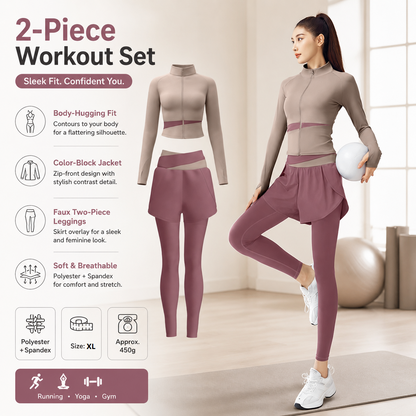 XL size Women's 2-Piece Running Yoga Set - Purple Colorblock Zip Jacket and Purple Faux Two-Layer Leggings, Slim Fit High Stretch Gym Activewear for Fitness and Training