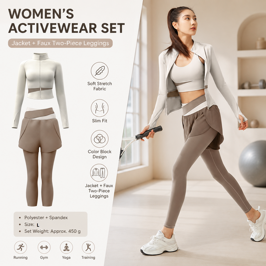 L size Women's 2-Piece Running Yoga Set - White Colorblock Zip Jacket and coffee Faux Two-Layer Leggings, Slim Fit High Stretch Gym Activewear for Fitness and Training
