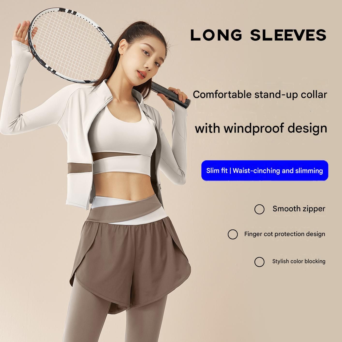 XL size Women's 2-Piece Running Yoga Set - White Colorblock Zip Jacket and coffee Faux Two-Layer Leggings, Slim Fit High Stretch Gym Activewear for Fitness and Training
