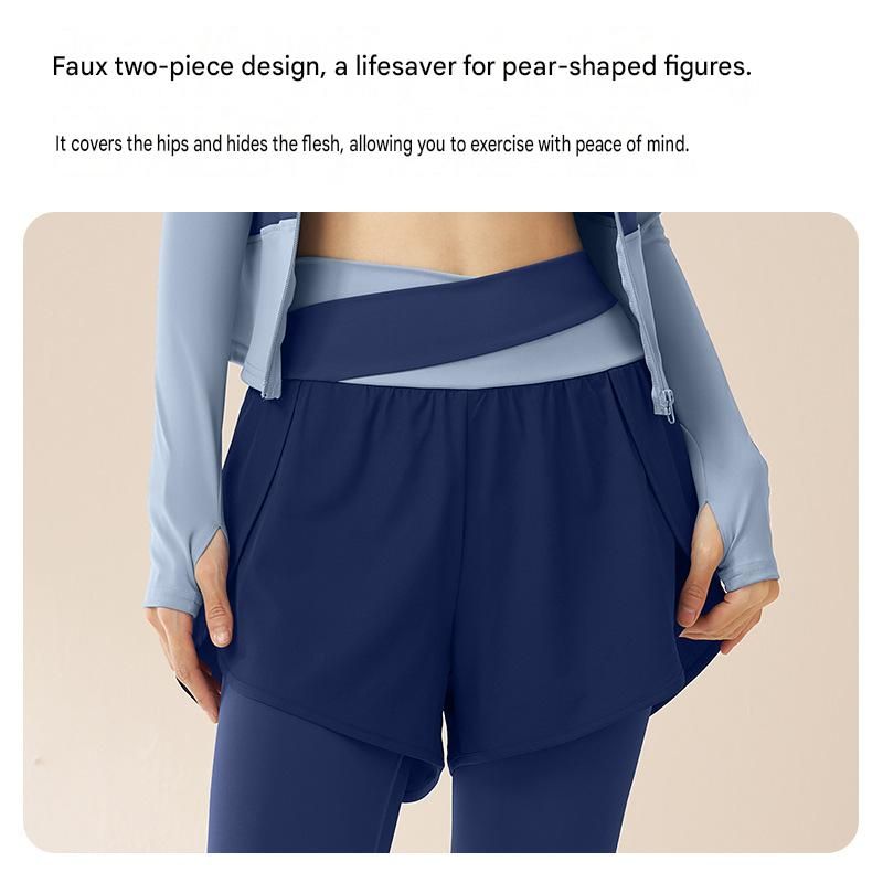 XL size Women's 2-Piece Running Yoga Set - White Colorblock Zip Jacket and coffee Faux Two-Layer Leggings, Slim Fit High Stretch Gym Activewear for Fitness and Training