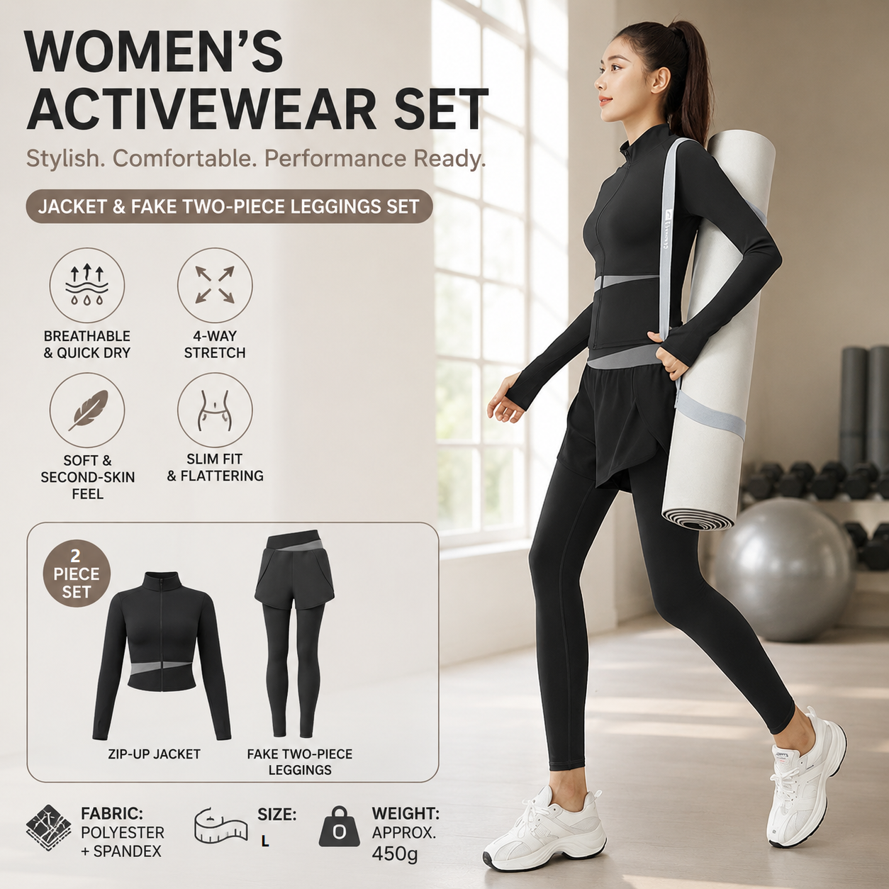 L size Women's 2-Piece Running Yoga Set - Black Colorblock Zip Jacket and Black Faux Two-Layer Leggings, Slim Fit High Stretch Gym Activewear for Fitness and Training