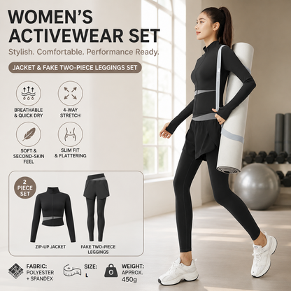 L size Women's 2-Piece Running Yoga Set - Black Colorblock Zip Jacket and Black Faux Two-Layer Leggings, Slim Fit High Stretch Gym Activewear for Fitness and Training