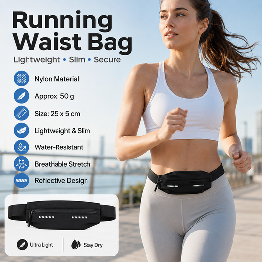 Black Running Waist Belt - High Stretch Nylon Sports Fanny Pack with Reflective Strips, Lightweight Waterproof Phone Holder for Gym, Jogging and Outdoor Fitness