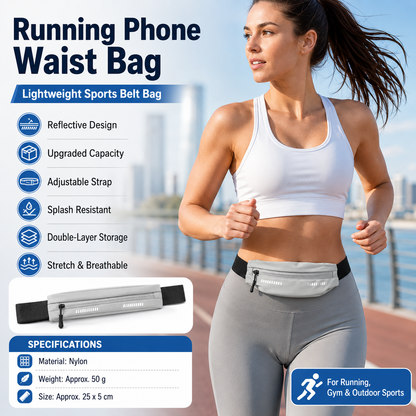 Grey Running Waist Belt - High Stretch Nylon Sports Fanny Pack with Reflective Strips, Lightweight Waterproof Phone Holder for Gym, Jogging and Outdoor Fitness