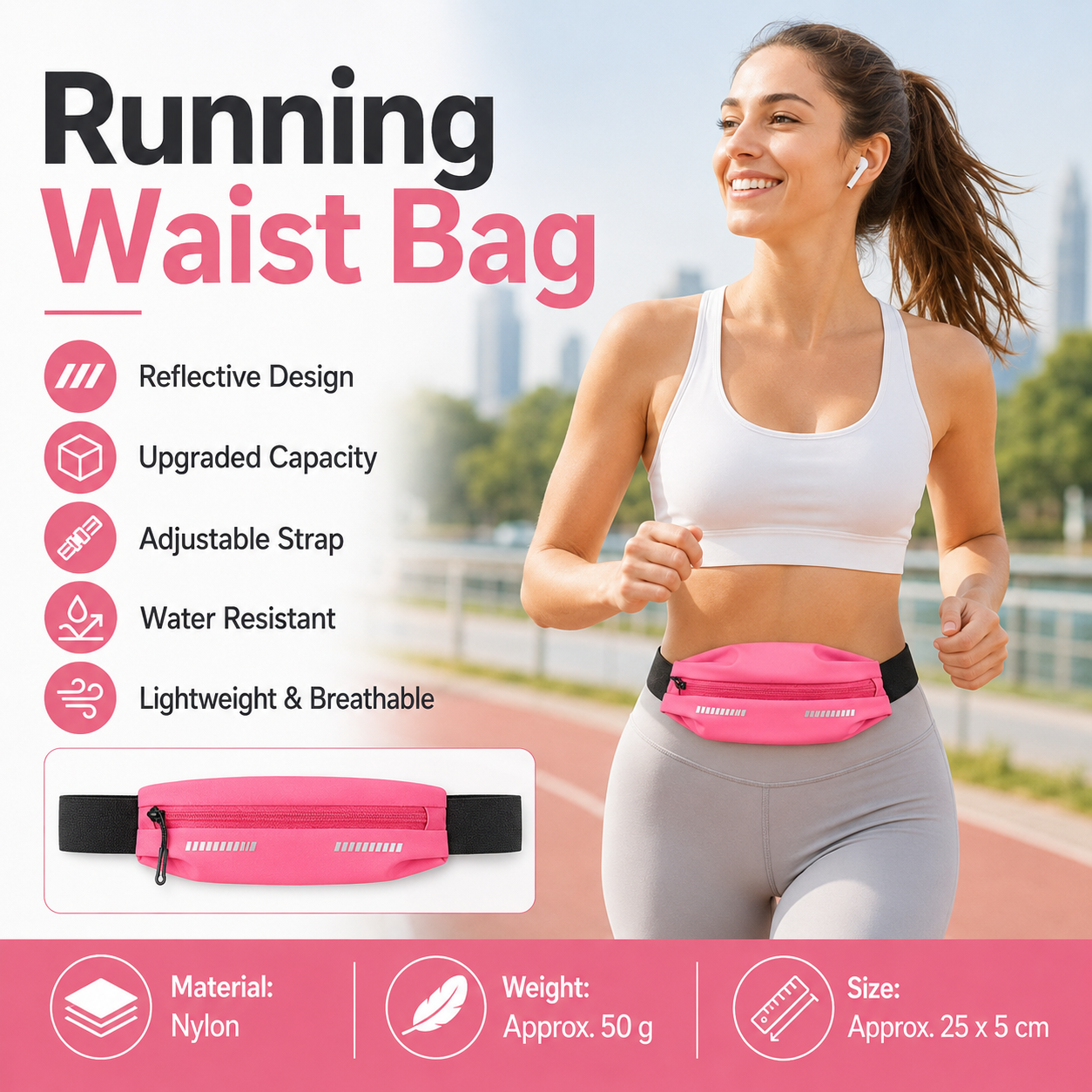 Pink Running Waist Belt - High Stretch Nylon Sports Fanny Pack with Reflective Strips, Lightweight Waterproof Phone Holder for Gym, Jogging and Outdoor Fitness