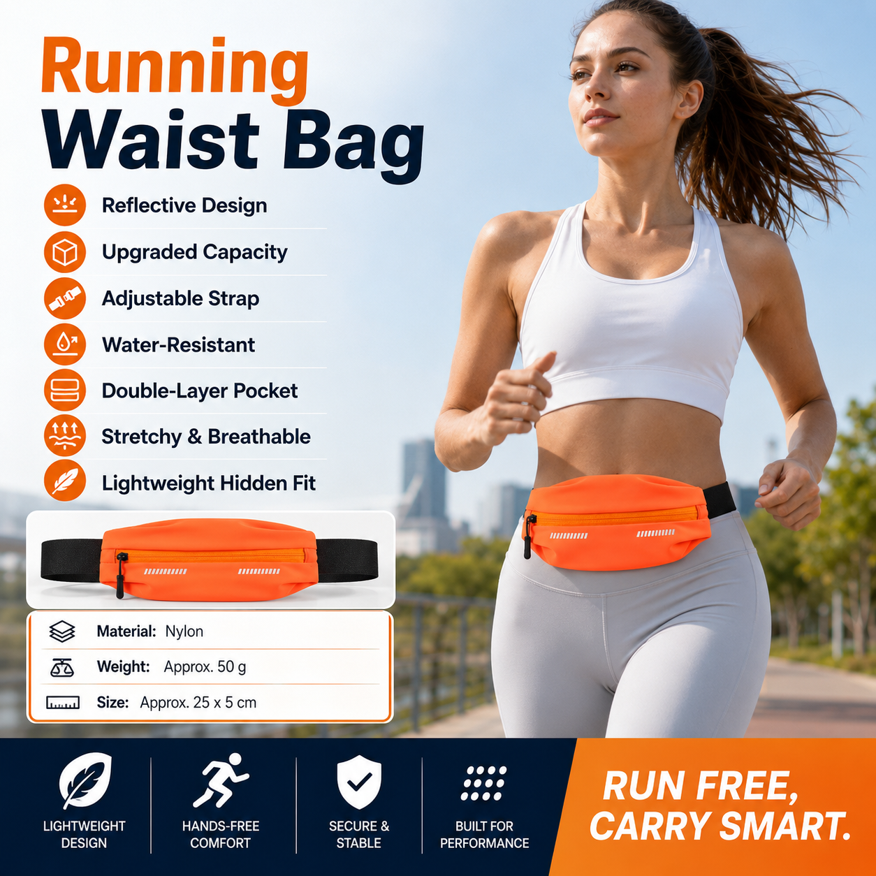 Orange Running Waist Belt - High Stretch Nylon Sports Fanny Pack with Reflective Strips, Lightweight Waterproof Phone Holder for Gym, Jogging and Outdoor Fitness