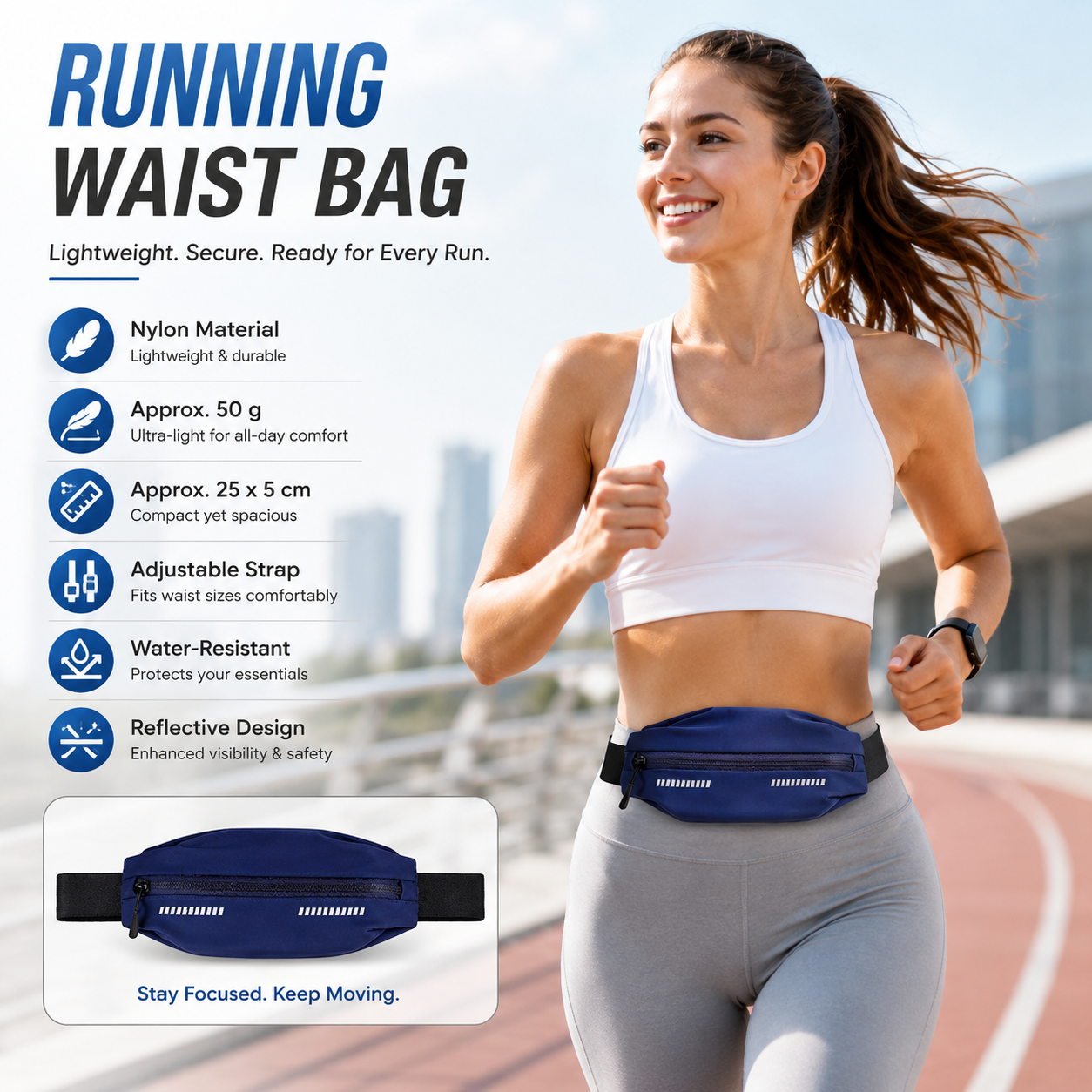 Blue Running Waist Belt - High Stretch Nylon Sports Fanny Pack with Reflective Strips, Lightweight Waterproof Phone Holder for Gym, Jogging and Outdoor Fitness
