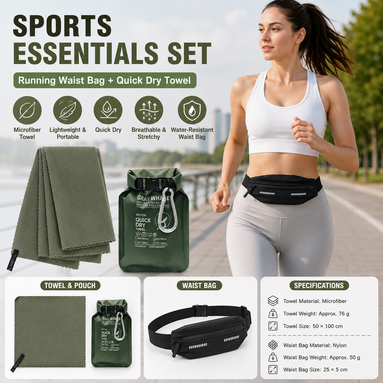Outdoor Sports Combo Set - Green Microfiber Quick Dry Cooling Towel and Black Lightweight Running Waist Belt with Reflective Strips, Portable Gym Accessories for Fitness and Travel Suitable for sports; keeps hands free and makes wiping away sweat convenie