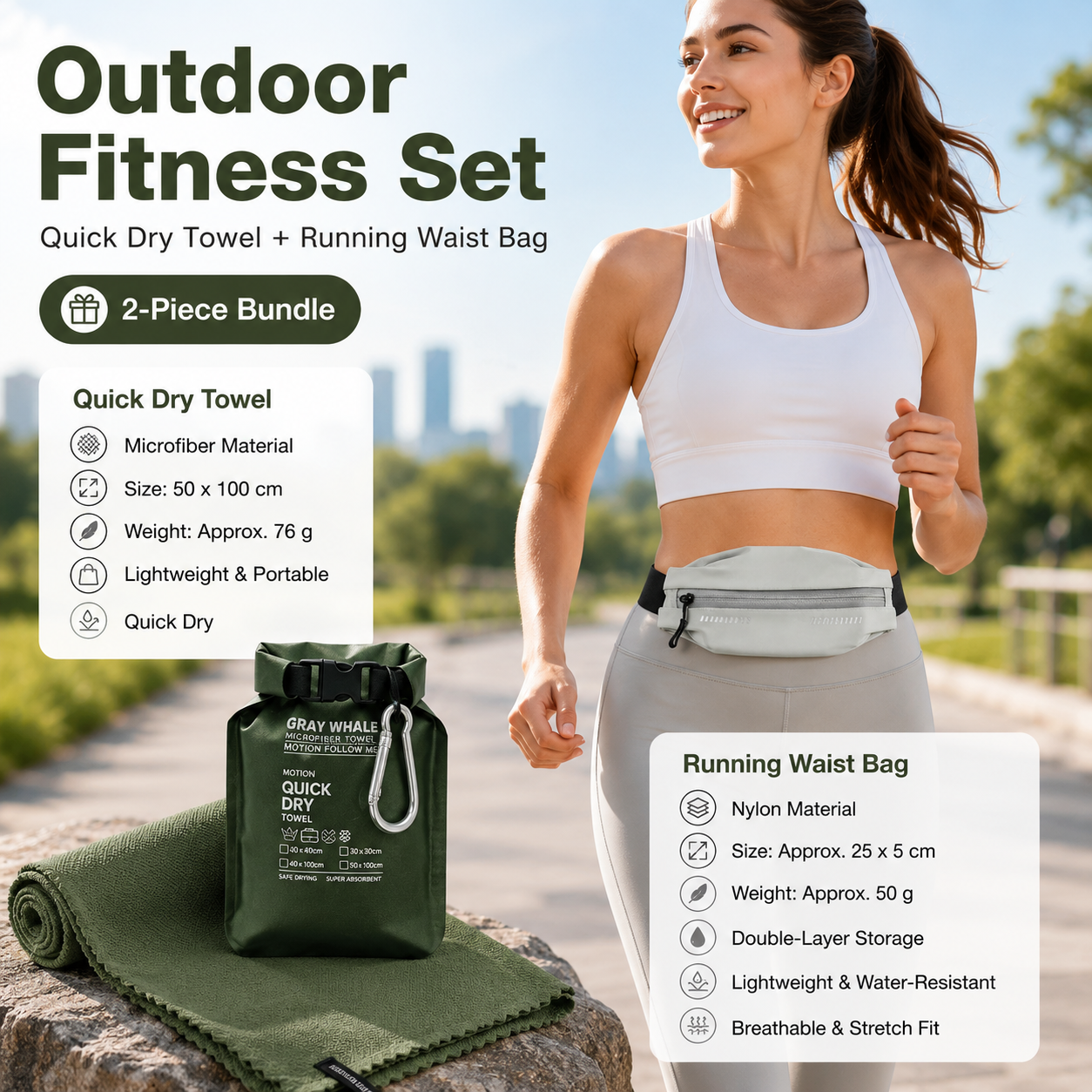Outdoor Sports Combo Set - Green Microfiber Quick Dry Cooling Towel and Grey Lightweight Running Waist Belt with Reflective Strips, Portable Gym Accessories for Fitness and Travel Suitable for sports; keeps hands free and makes wiping away sweat convenien