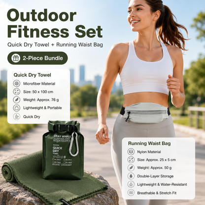 Outdoor Sports Combo Set - Green Microfiber Quick Dry Cooling Towel and Grey Lightweight Running Waist Belt with Reflective Strips, Portable Gym Accessories for Fitness and Travel Suitable for sports; keeps hands free and makes wiping away sweat convenien
