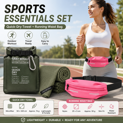 Outdoor Sports Combo Set - Green Microfiber Quick Dry Cooling Towel and Pink Lightweight Running Waist Belt with Reflective Strips, Portable Gym Accessories for Fitness and Travel Suitable for sports; keeps hands free and makes wiping away sweat convenien
