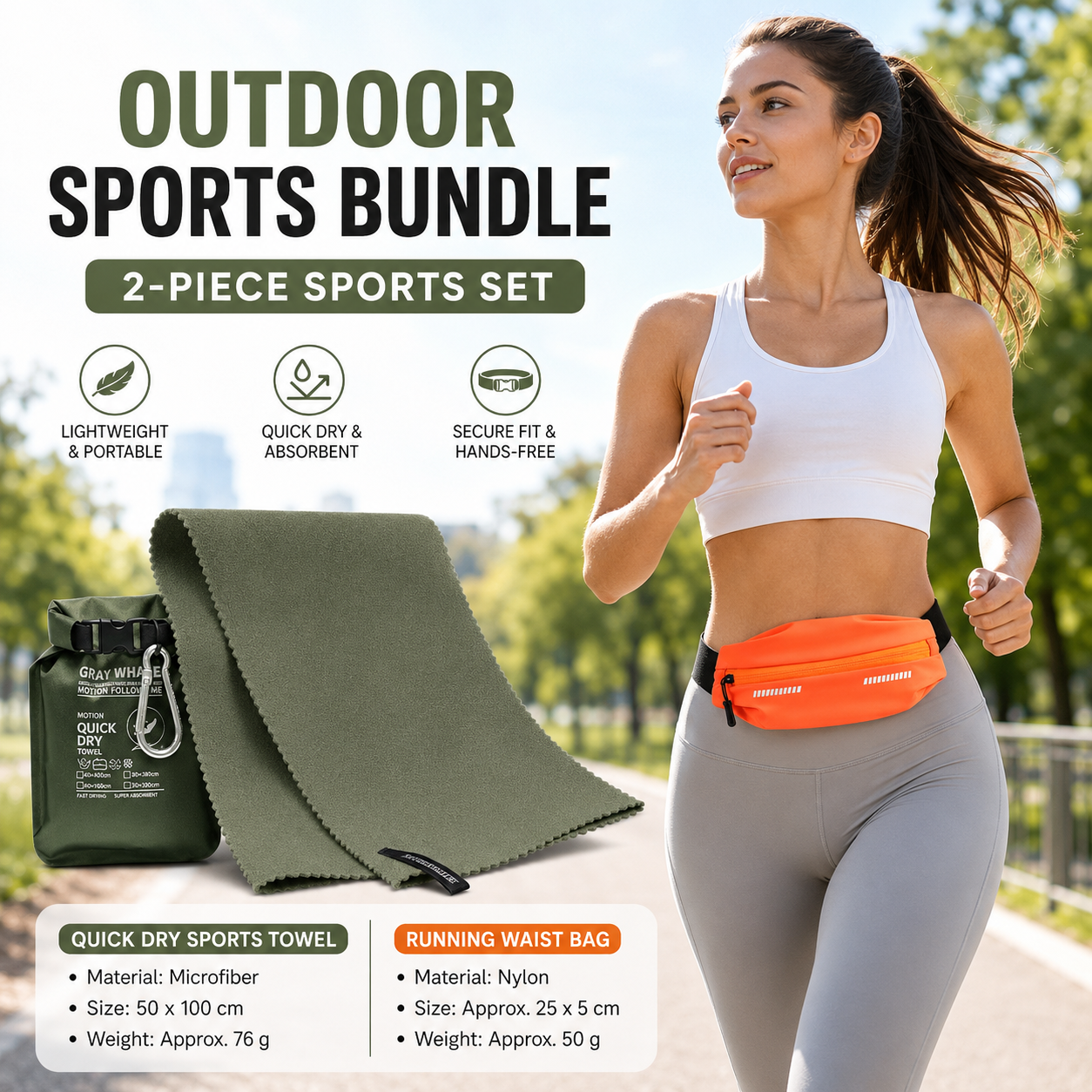 Outdoor Sports Combo Set - Green Microfiber Quick Dry Cooling Towel and Orange Lightweight Running Waist Belt with Reflective Strips, Portable Gym Accessories for Fitness and Travel Suitable for sports; keeps hands free and makes wiping away sweat conveni