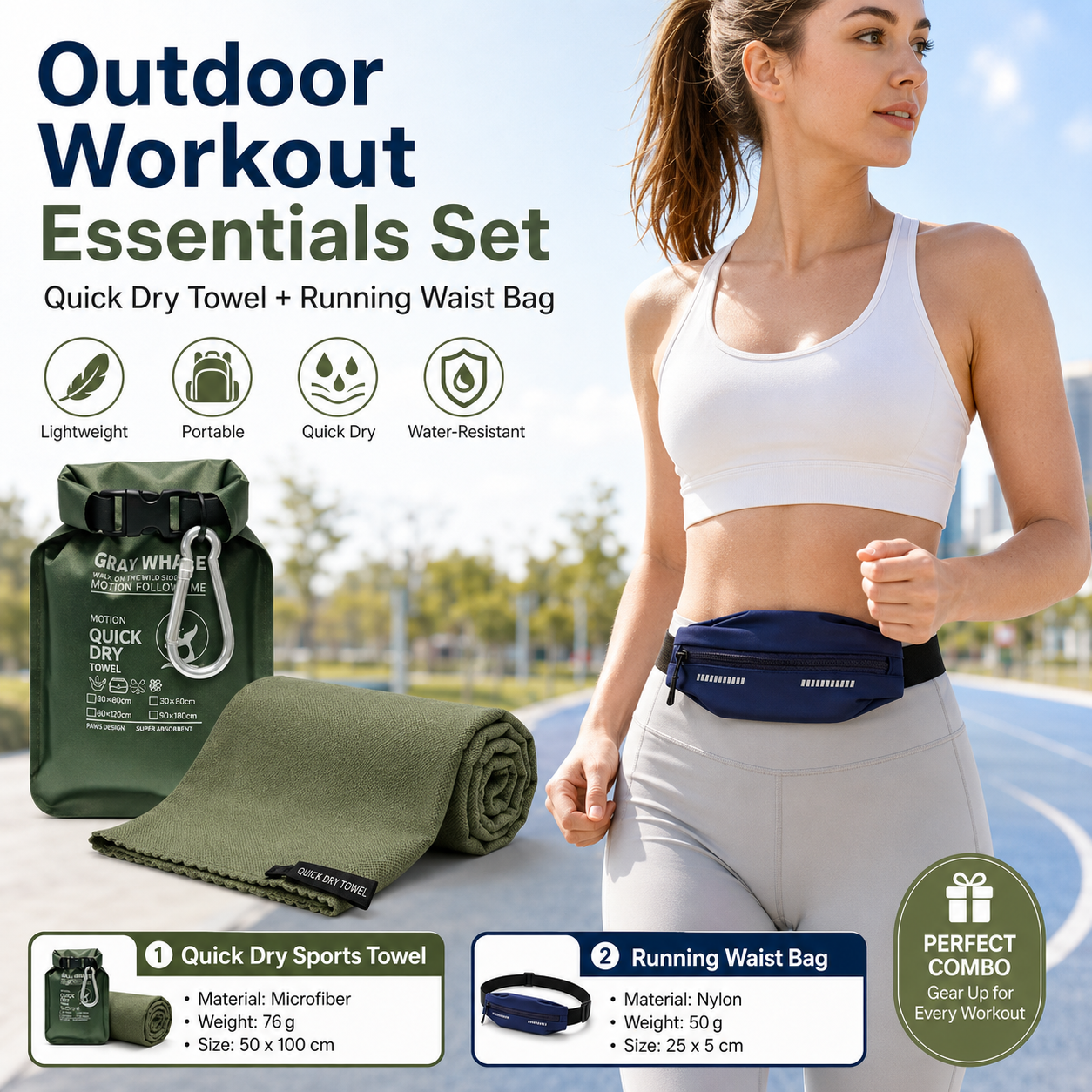 Outdoor Sports Combo Set - Green Microfiber Quick Dry Cooling Towel and Blue Lightweight Running Waist Belt with Reflective Strips, Portable Gym Accessories for Fitness and Travel Suitable for sports; keeps hands free and makes wiping away sweat convenien