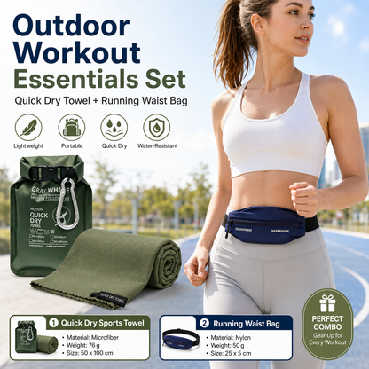 Outdoor Sports Combo Set - Green Microfiber Quick Dry Cooling Towel and Blue Lightweight Running Waist Belt with Reflective Strips, Portable Gym Accessories for Fitness and Travel Suitable for sports; keeps hands free and makes wiping away sweat convenien
