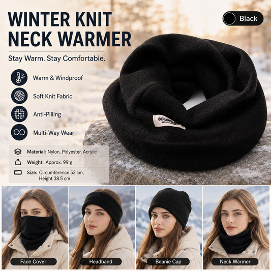 Black Thermal Neck Gaiter Face Cover with Ear Loops - Nylon Polyester Acrylic Blend, Anti-Pilling Winter Warmer Can be used as a warm headscarf for Cycling, Hiking and Outdoor Sports