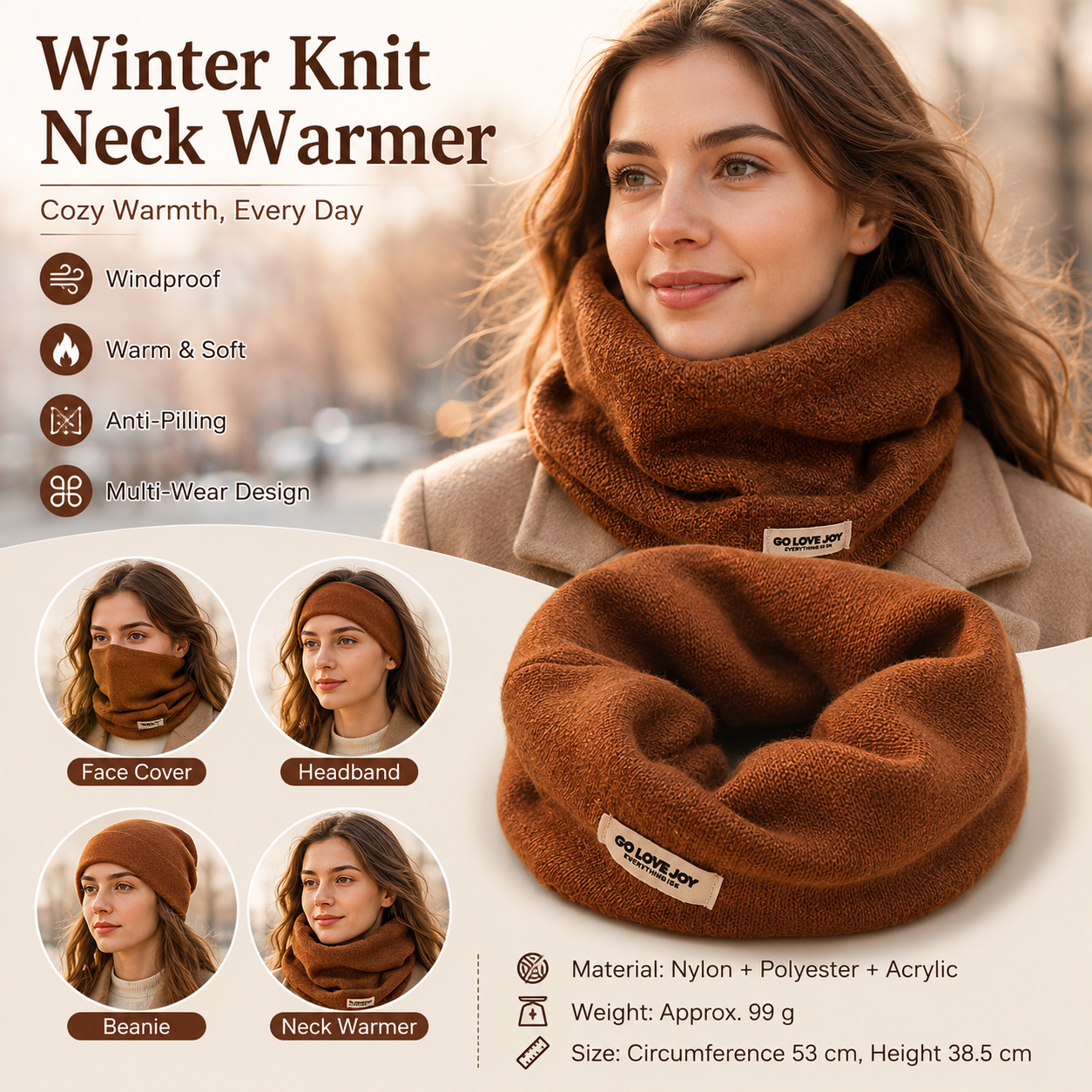 Caramel Thermal Neck Gaiter Face Cover with Ear Loops - Nylon Polyester Acrylic Blend, Anti-Pilling Winter Warmer Can be used as a warm headscarf for Cycling, Hiking and Outdoor Sports