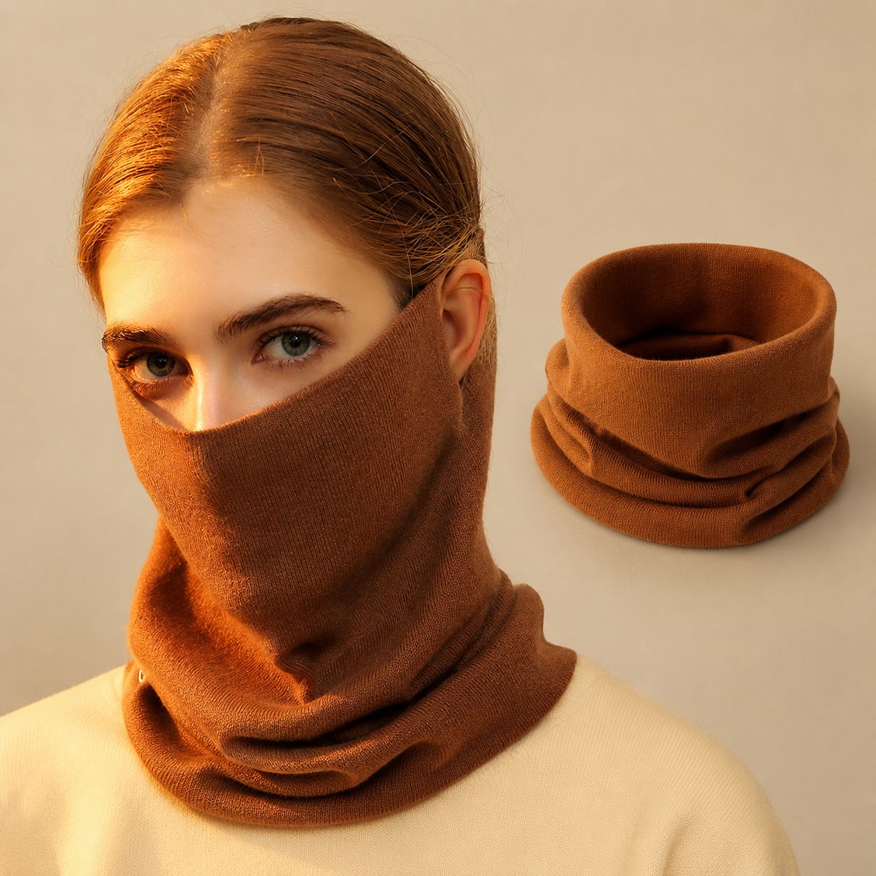 Caramel Thermal Neck Gaiter Face Cover with Ear Loops - Nylon Polyester Acrylic Blend, Anti-Pilling Winter Warmer Can be used as a warm headscarf for Cycling, Hiking and Outdoor Sports