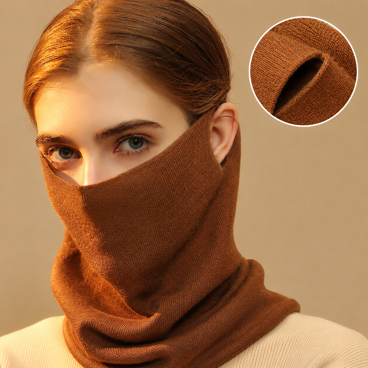 Caramel Thermal Neck Gaiter Face Cover with Ear Loops - Nylon Polyester Acrylic Blend, Anti-Pilling Winter Warmer Can be used as a warm headscarf for Cycling, Hiking and Outdoor Sports