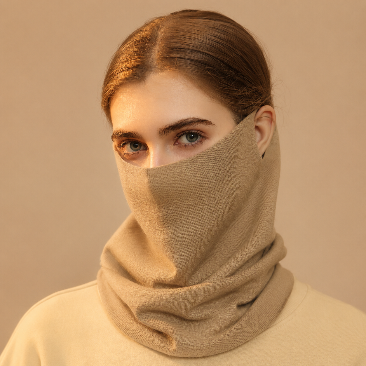 Khaki Women's Knitted Neck Warmer Snood - Ear Loop Face Cover, Warm Anti-Pilling Wind and Dust Coverage for Outdoor Sports, Cycling and Travel