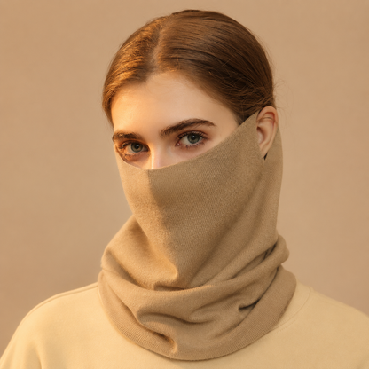 Khaki Women's Knitted Neck Warmer Snood - Ear Loop Face Cover, Warm Anti-Pilling Wind and Dust Coverage for Outdoor Sports, Cycling and Travel