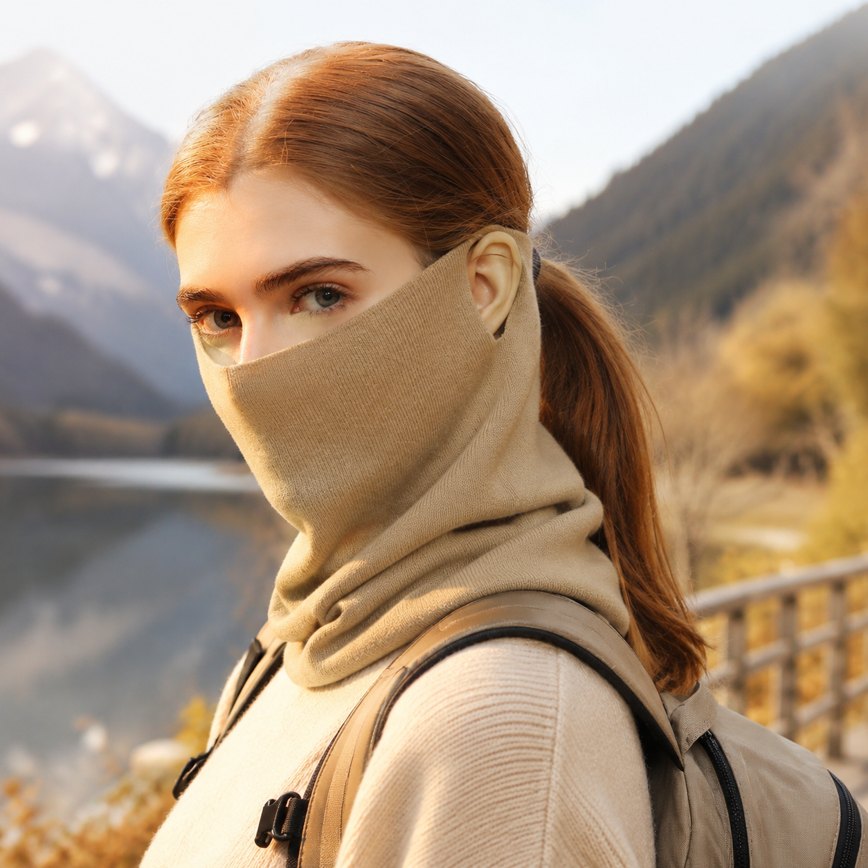 Khaki Women's Knitted Neck Warmer Snood - Ear Loop Face Cover, Warm Anti-Pilling Wind and Dust Coverage for Outdoor Sports, Cycling and Travel