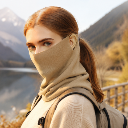 Khaki Women's Knitted Neck Warmer Snood - Ear Loop Face Cover, Warm Anti-Pilling Wind and Dust Coverage for Outdoor Sports, Cycling and Travel