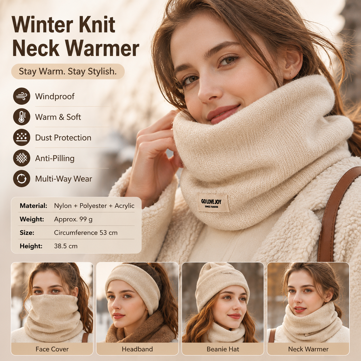 Beige Women's Knitted Neck Warmer Snood - Ear Loop Face Cover, Warm Anti-Pilling Wind and Dust Coverage for Outdoor Sports, Cycling and Travel