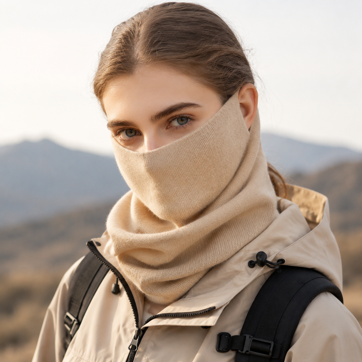 Beige Women's Knitted Neck Warmer Snood - Ear Loop Face Cover, Warm Anti-Pilling Wind and Dust Coverage for Outdoor Sports, Cycling and Travel