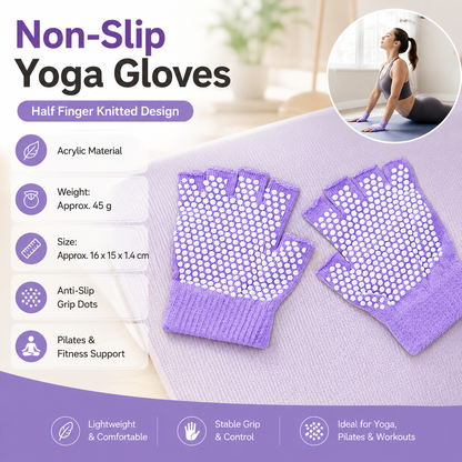 Purple Half Finger Yoga Gloves - Acrylic Knit with Non-Slip Silicone Dots, Breathable & Stretchy for Pilates, Gym, and Fitness Training