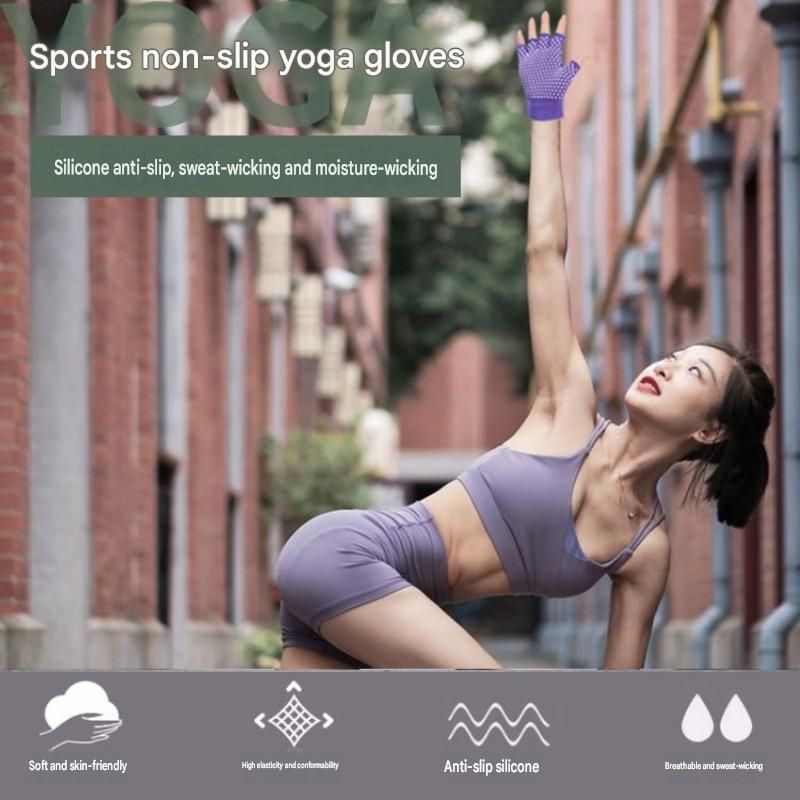 Purple Half Finger Yoga Gloves - Acrylic Knit with Non-Slip Silicone Dots, Breathable & Stretchy for Pilates, Gym, and Fitness Training