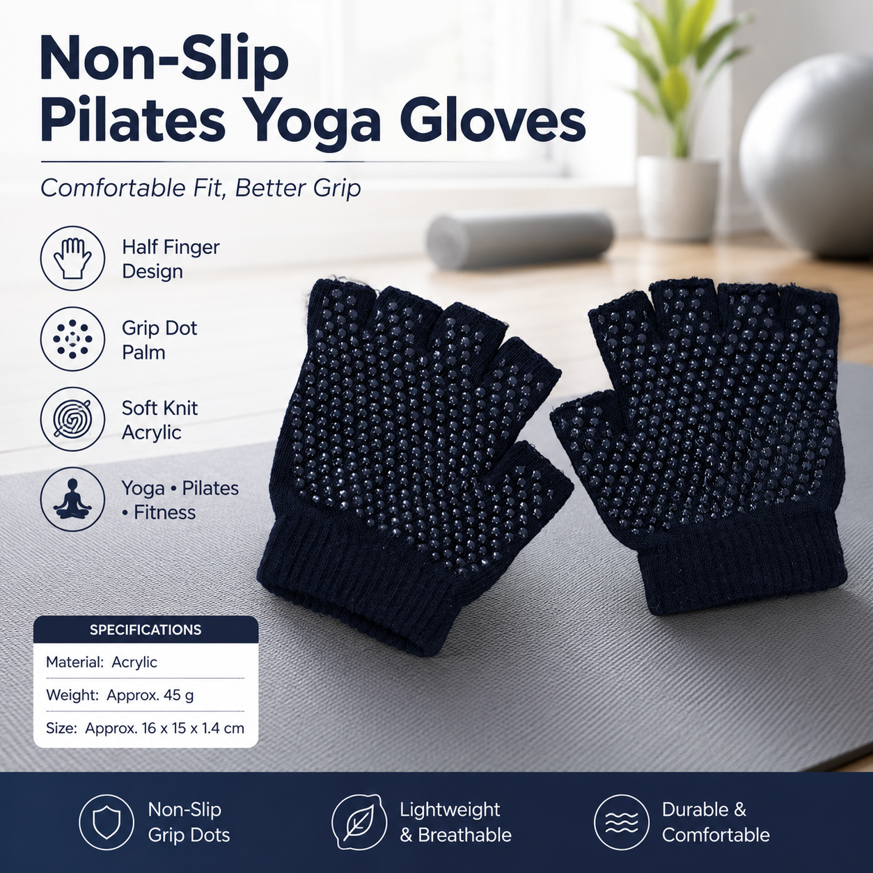 Black Half Finger Yoga Gloves - Acrylic Knit with Non-Slip Silicone Dots, Breathable & Stretchy for Pilates, Gym, and Fitness Training
