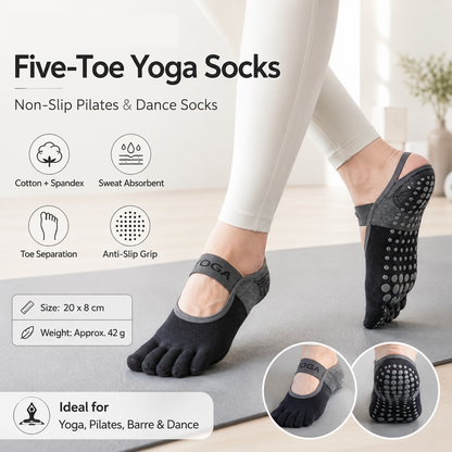 Black Non-Slip Five Toe Yoga Socks - Cotton Blend with PVC Grip Dots, Breathable & Secure Fit for Pilates, Dance, and Indoor Fitness Training