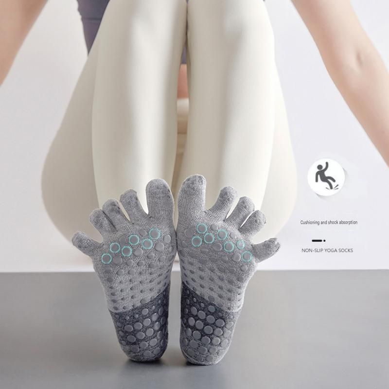 Black Non-Slip Five Toe Yoga Socks - Cotton Blend with PVC Grip Dots, Breathable & Secure Fit for Pilates, Dance, and Indoor Fitness Training