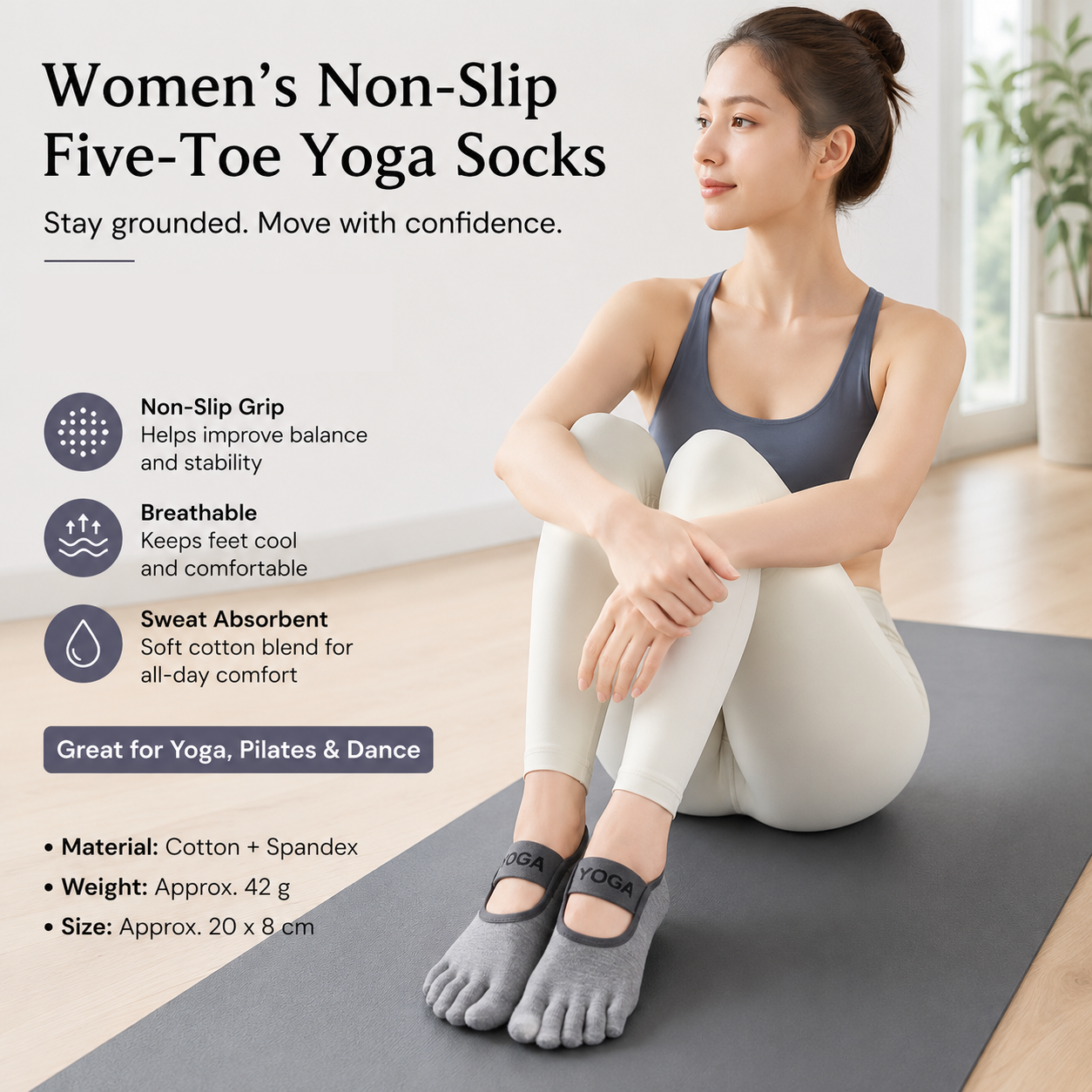 Grey Non-Slip Five Toe Yoga Socks - Cotton Blend with PVC Grip Dots, Breathable & Secure Fit for Pilates, Dance, and Indoor Fitness Training