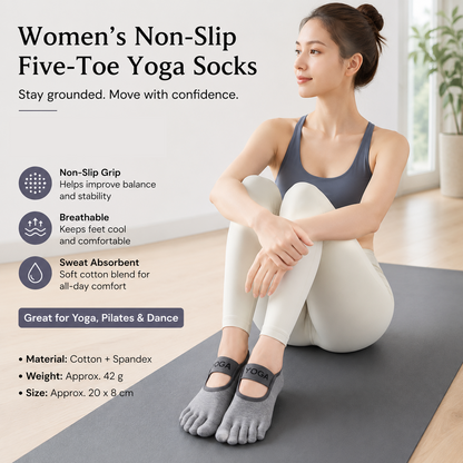 Grey Non-Slip Five Toe Yoga Socks - Cotton Blend with PVC Grip Dots, Breathable & Secure Fit for Pilates, Dance, and Indoor Fitness Training