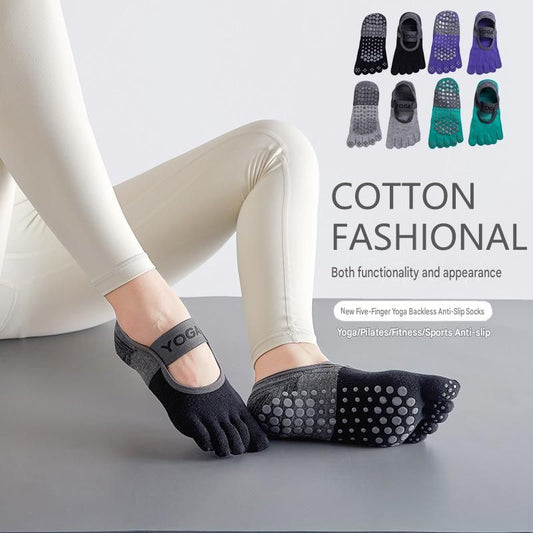 Grey Non-Slip Five Toe Yoga Socks - Cotton Blend with PVC Grip Dots, Breathable & Secure Fit for Pilates, Dance, and Indoor Fitness Training