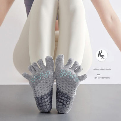Grey Non-Slip Five Toe Yoga Socks - Cotton Blend with PVC Grip Dots, Breathable & Secure Fit for Pilates, Dance, and Indoor Fitness Training