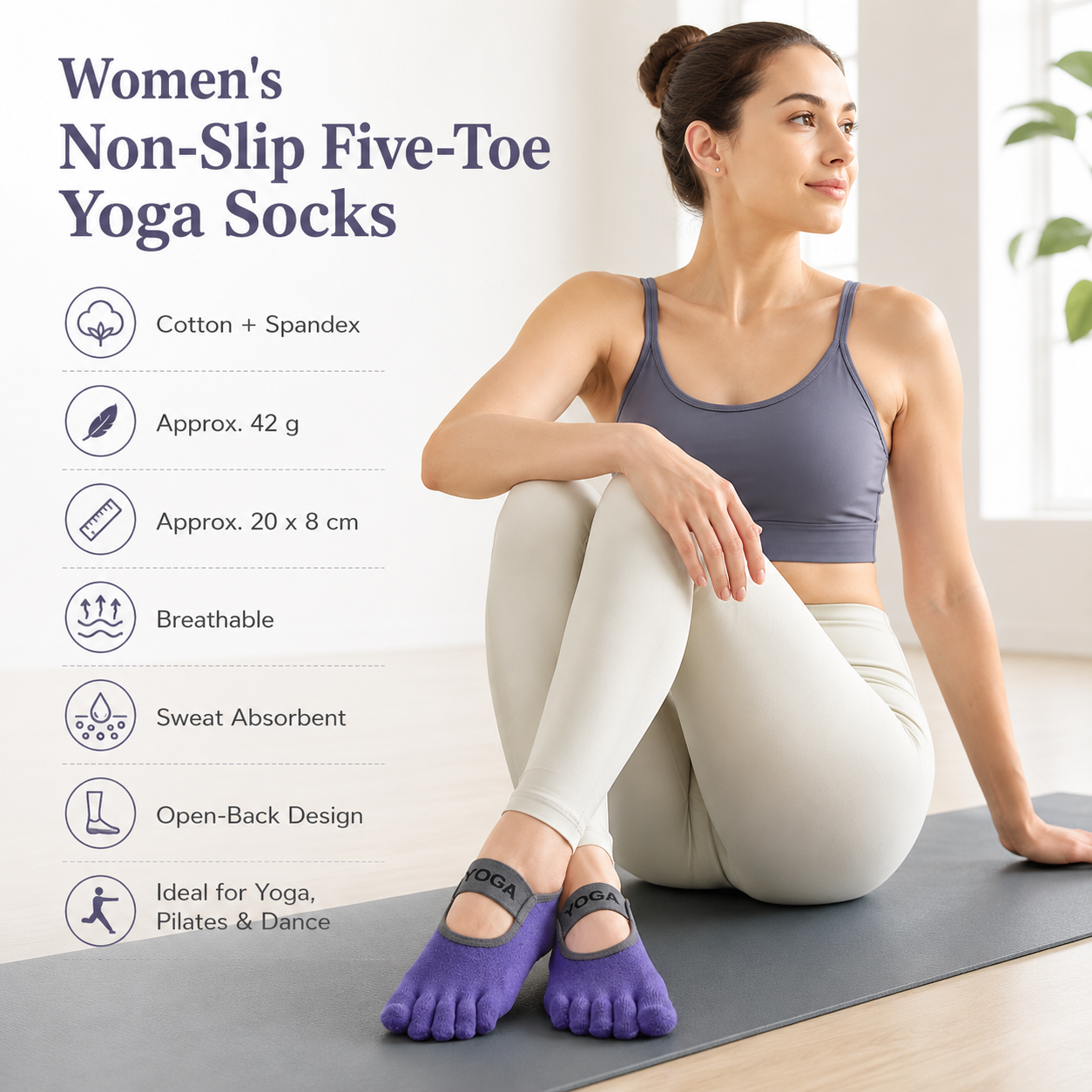 Purple Non-Slip Five Toe Yoga Socks - Cotton Blend with PVC Grip Dots, Breathable & Secure Fit for Pilates, Dance, and Indoor Fitness Training
