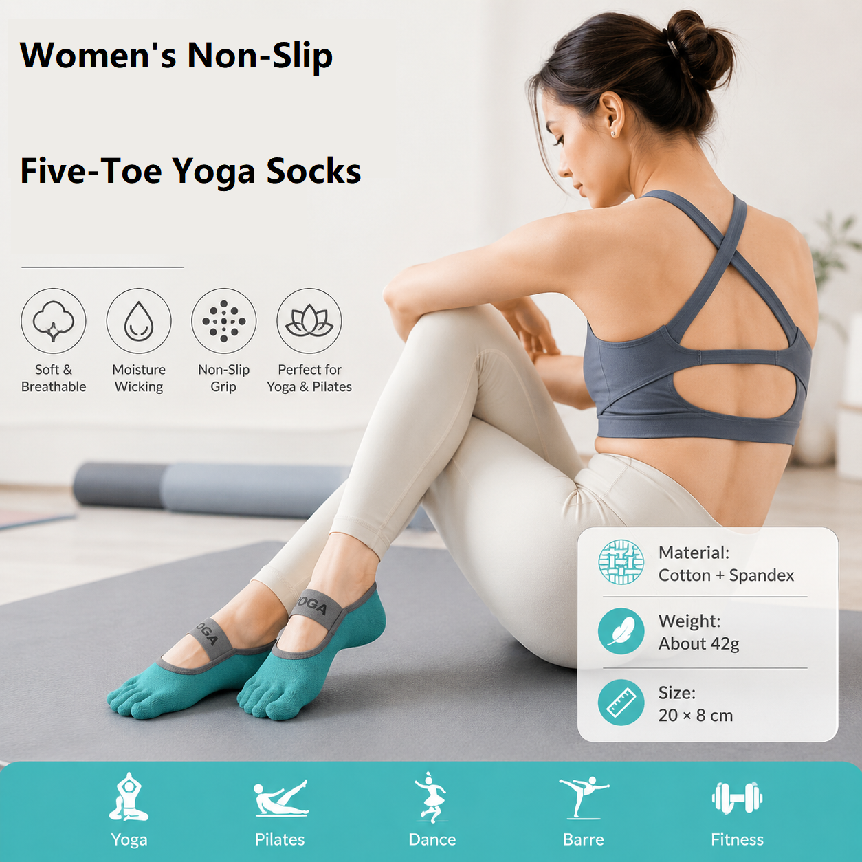 Green Non-Slip Five Toe Yoga Socks - Cotton Blend with PVC Grip Dots, Breathable & Secure Fit for Pilates, Dance, and Indoor Fitness Training